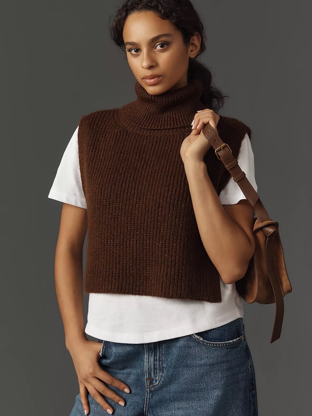 ANTHROPOLOGIE L M Turtleneck Sweater Tee in Brown • Metallic Flecked Pullover